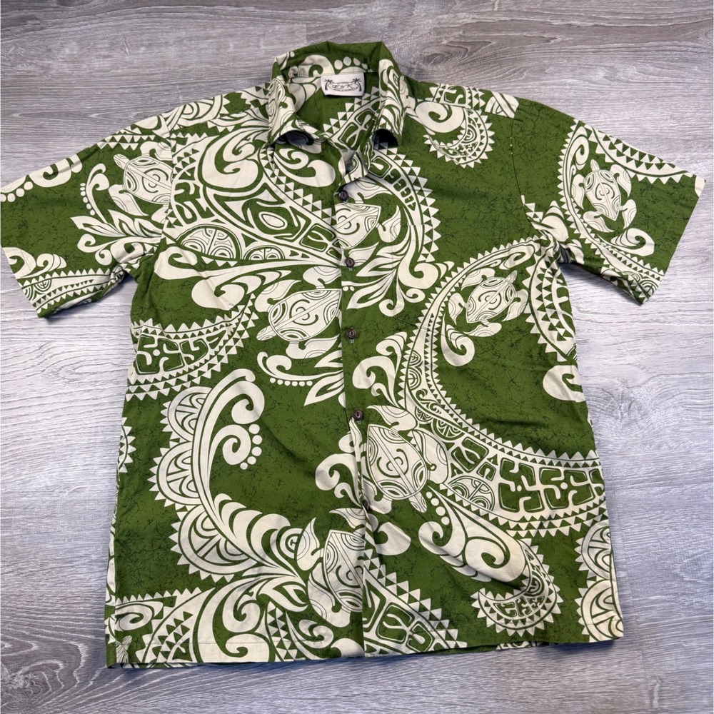 Fashion F&K Mens Green Tribal Turtle Hawaiian Shirt Cotton Made in Hawaii M